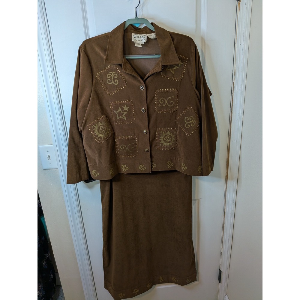 Country Wear Casuals Brown Faux Suede 2pc Dress Jacket Set Embroidered Vintage L